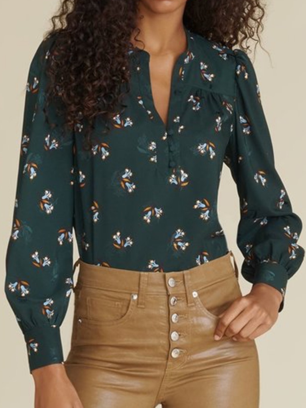 Veronica Beard Sz 12 Blouse Green Floral Long Sleeve Top Boho Luxury Classic